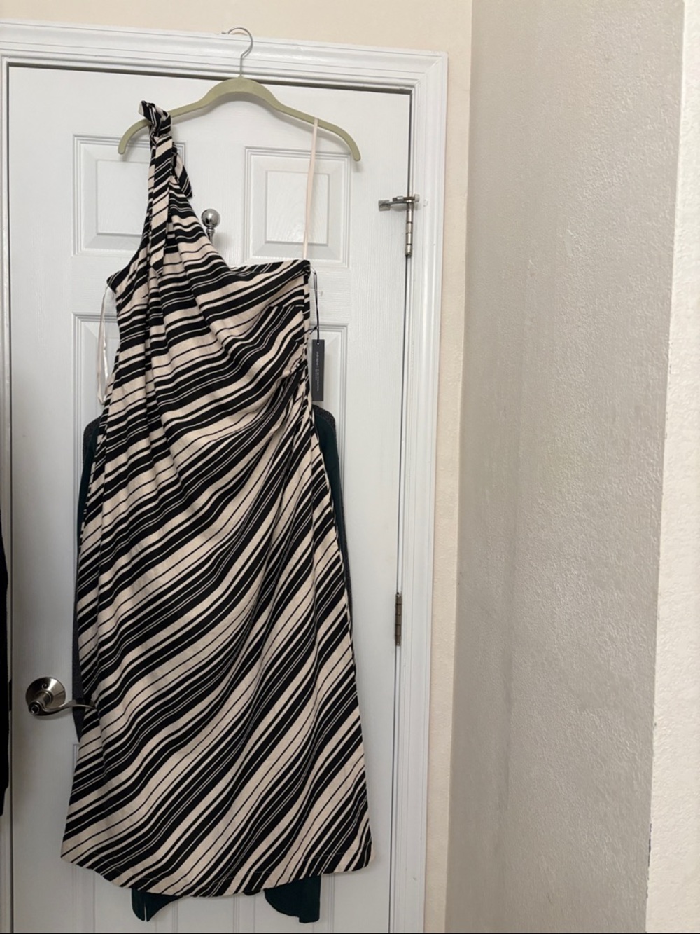 Tahari One-Shoulder Black and Cream Striped Midi Dress